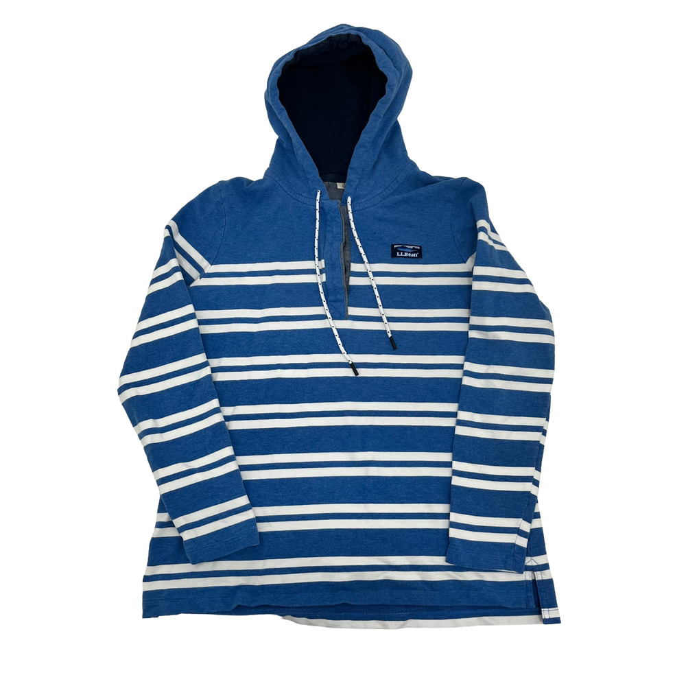 L.L. Bean Mens L Half‎ Button Pullover Hoodie Blue White Striped Long Sleeve